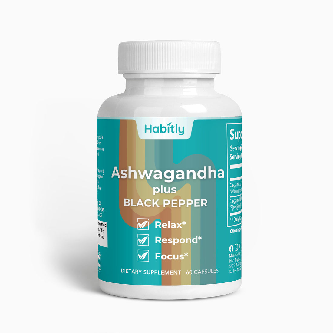 A white bottle labeled &quot;Habitly: Ashwagandha with Black Pepper&quot; contains 60 capsules of an adaptogen-rich dietary supplement. The teal and white label highlights benefits like relaxation, response, and focus. A white cap secures the bottle.