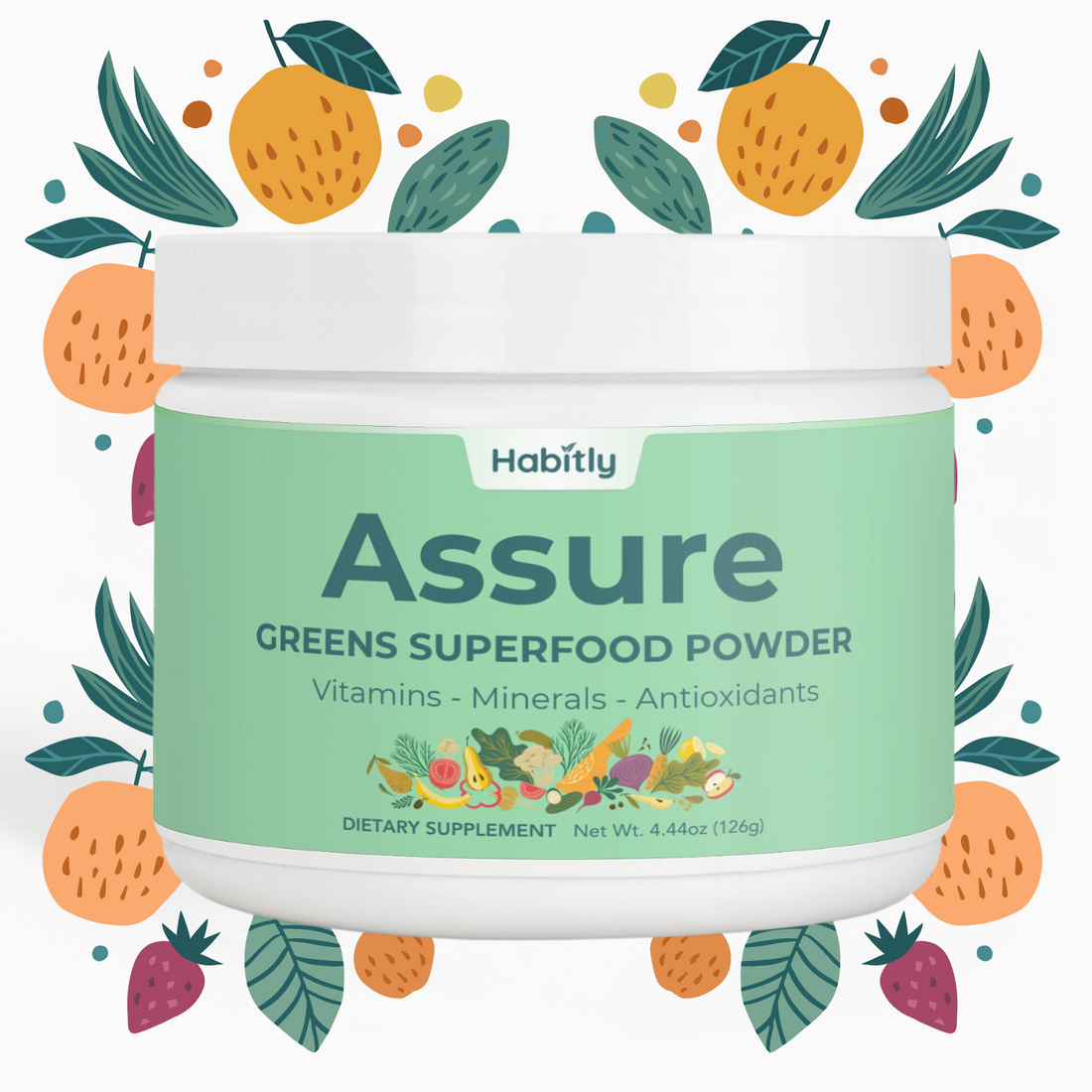 The &quot;Assure Greens Superfood Powder&quot; by Habitly comes in a white container adorned with illustrations of barley grass, fruit, and leaves against a white background. The brand name &quot;Habitly&quot; is elegantly showcased on the lid.