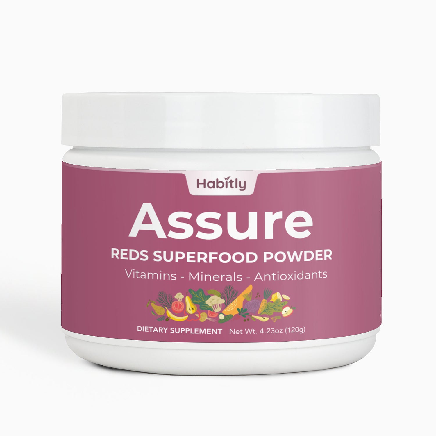 The Habitly Assure Reds Superfood Powder, featuring a pink label and a net weight of 4.23 oz (120g), highlights &quot;Vitamins, Minerals, Antioxidants&quot; and is decorated with illustrations of assorted fruits and vegetables.