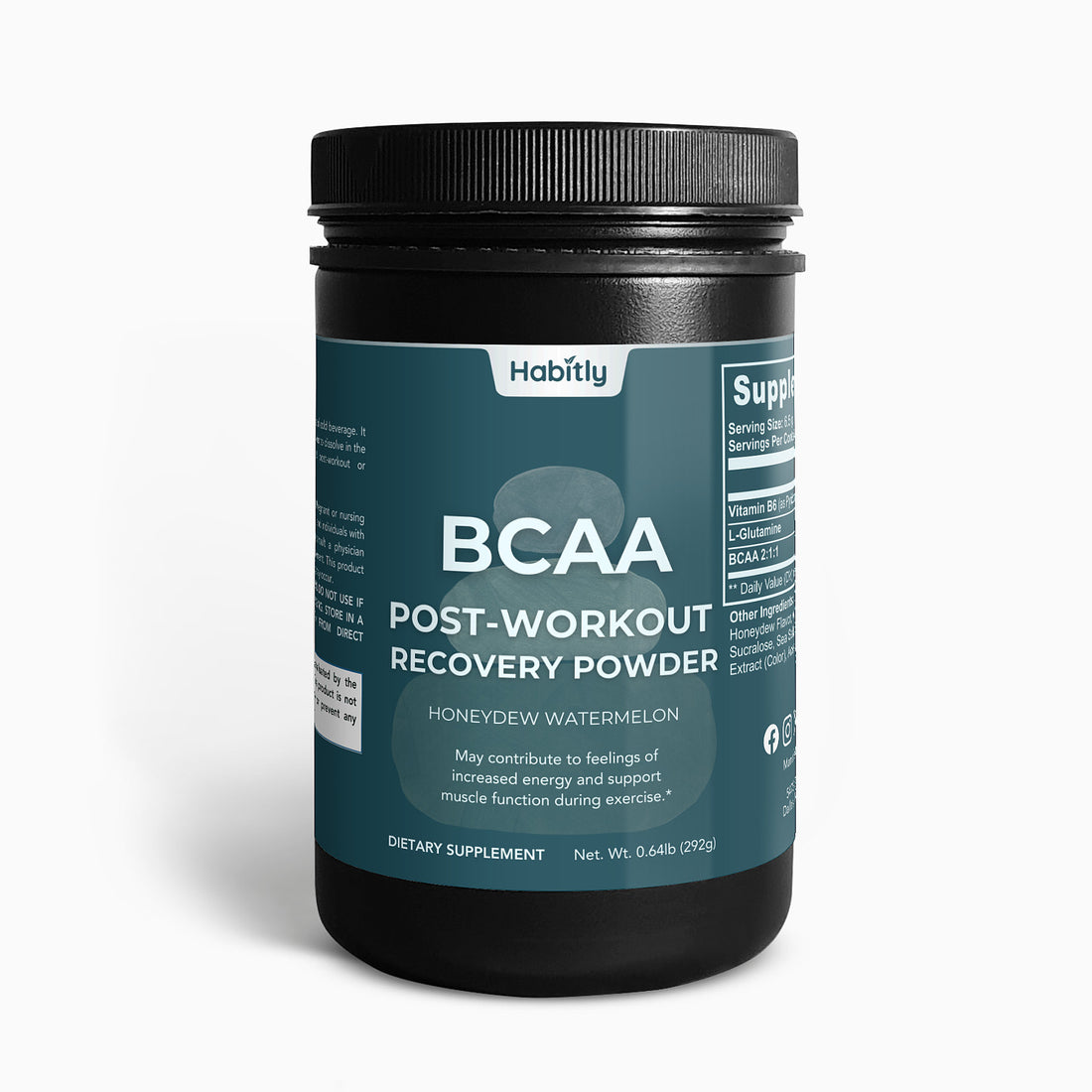 A 0.64lb (292g) black container from Habitly labeled &quot;BCAA Post-Workout Recovery Powder&quot; comes in honeydew watermelon flavor, offering enhanced energy and improved muscle function support through essential amino acids.