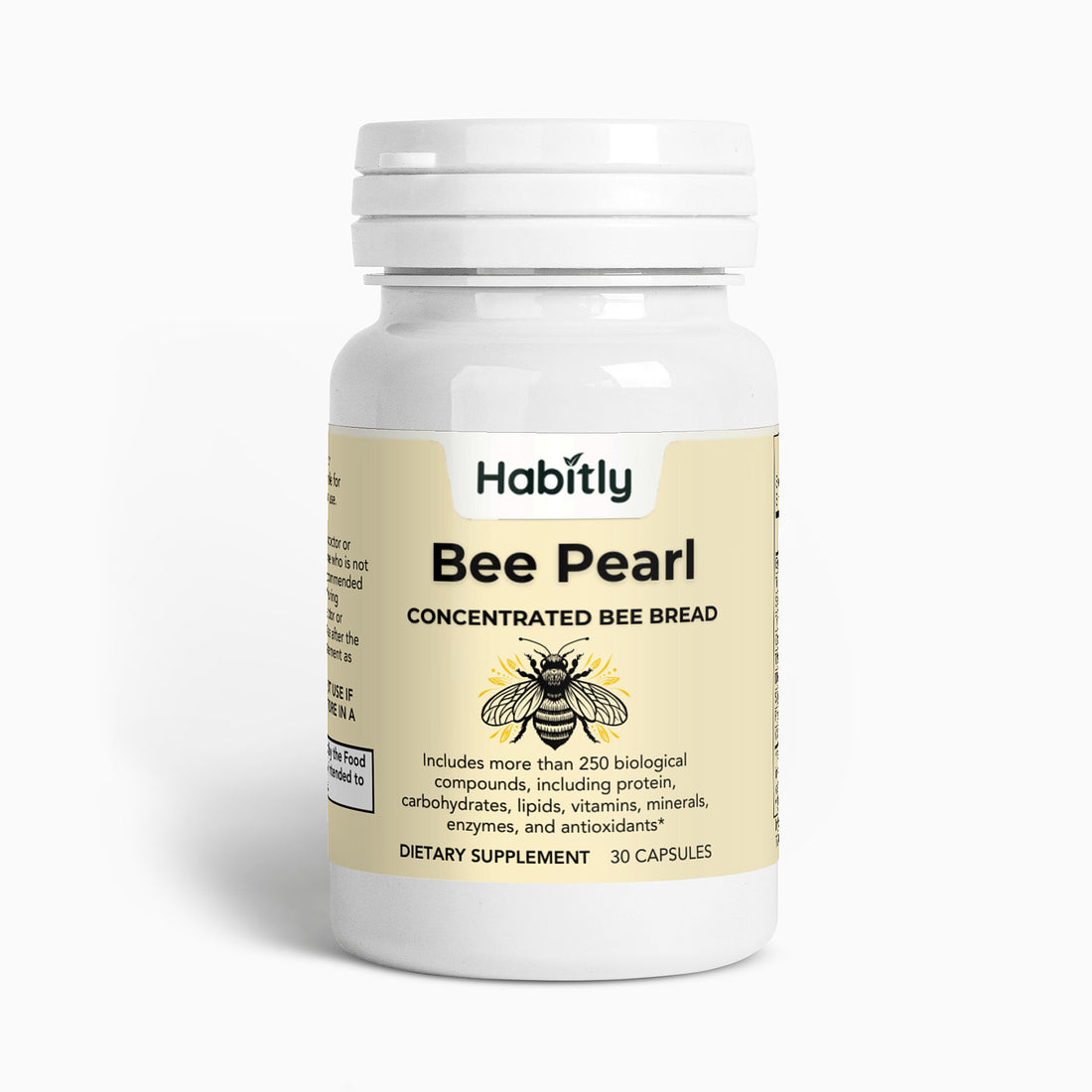 A white bottle labeled &quot;Bee Pearl Concentrated Bee Bread Capsules&quot; from the brand Habitly, featuring a bee illustration, provides a gluten-free dietary supplement. It contains 30 capsules packed with concentrated bee bread rich in vitamins, protein, and antioxidants.