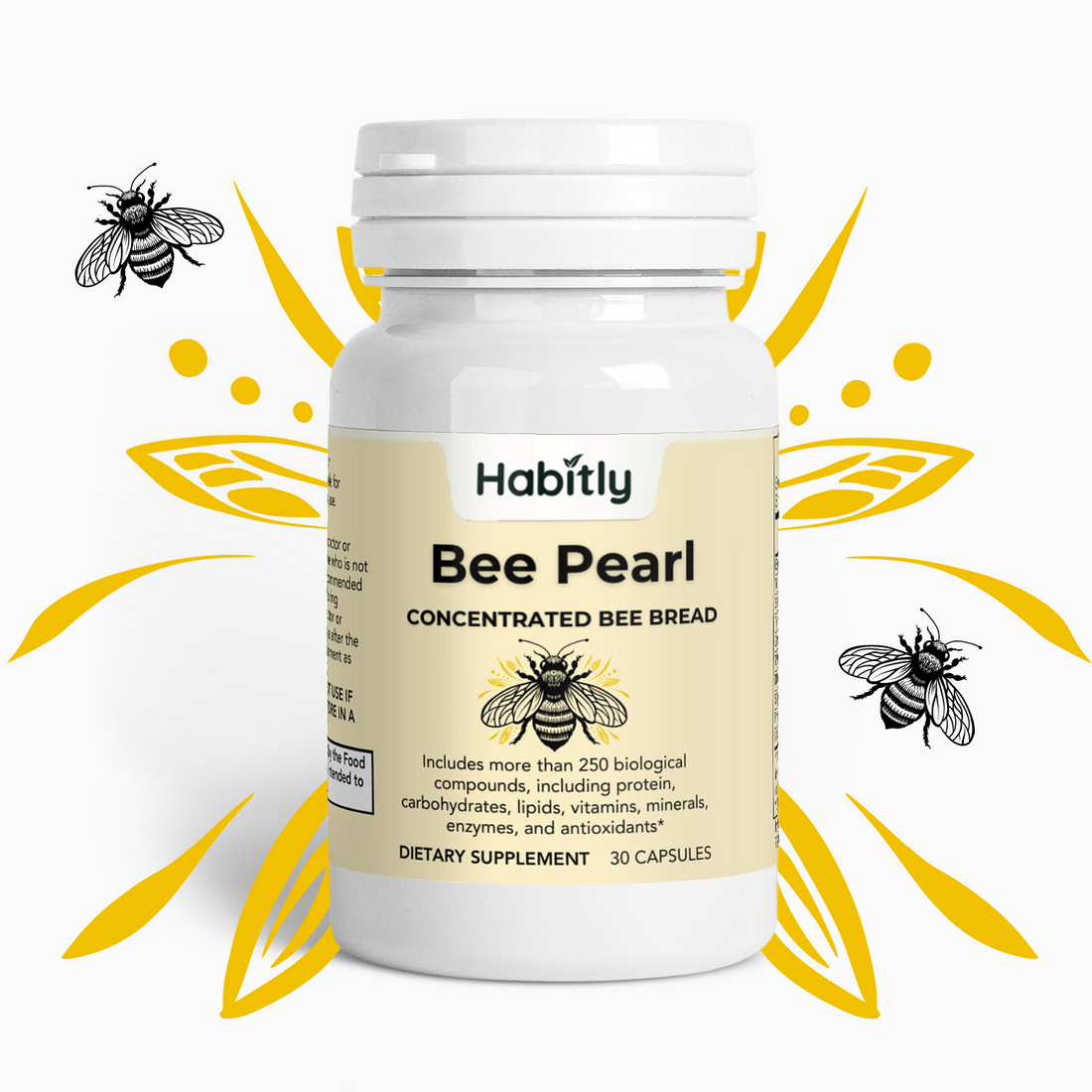 A white bottle labeled &quot;Habitly Bee Pearl Concentrated Bee Bread Capsules&quot; is positioned at the center, framed by vibrant yellow and black bee and leaf graphics. The label emphasizes its gluten-free nature and boasts over 250 biological compounds. Inside are 30 capsules of this dietary supplement, enhanced with essential vitamins.