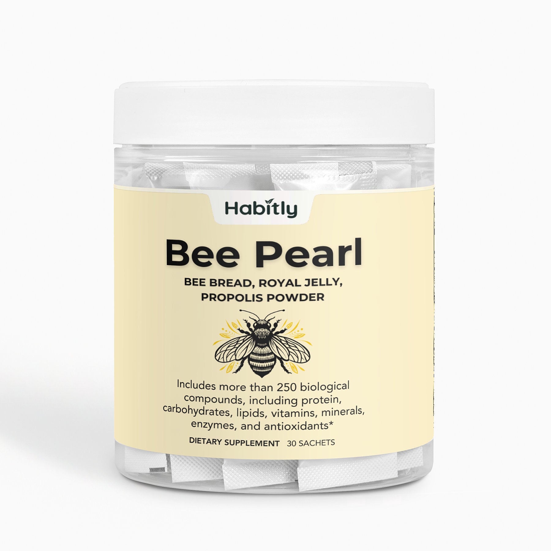 A plastic container labeled &quot;Bee Pearl Concentrated Bee Bread Powder&quot; from Habitly contains a blend of bee bread, royal jelly, and propolis powder. The label emphasizes the rich mixture of over 250 biological compounds and includes 30 sachets for convenient use.