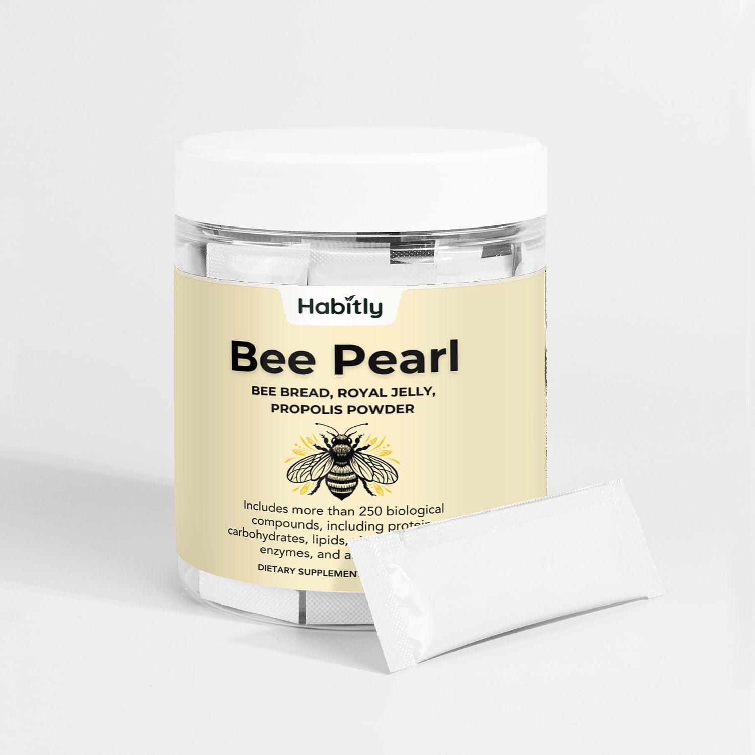 A clear container labeled &quot;Habitly Bee Pearl Concentrated Bee Bread Powder&quot; is filled with individual white packets. The label highlights bee bread and royal jelly as key ingredients, along with propolis powder, boasting proteins, carbohydrates, lipids, vitamins, enzymes, and minerals.