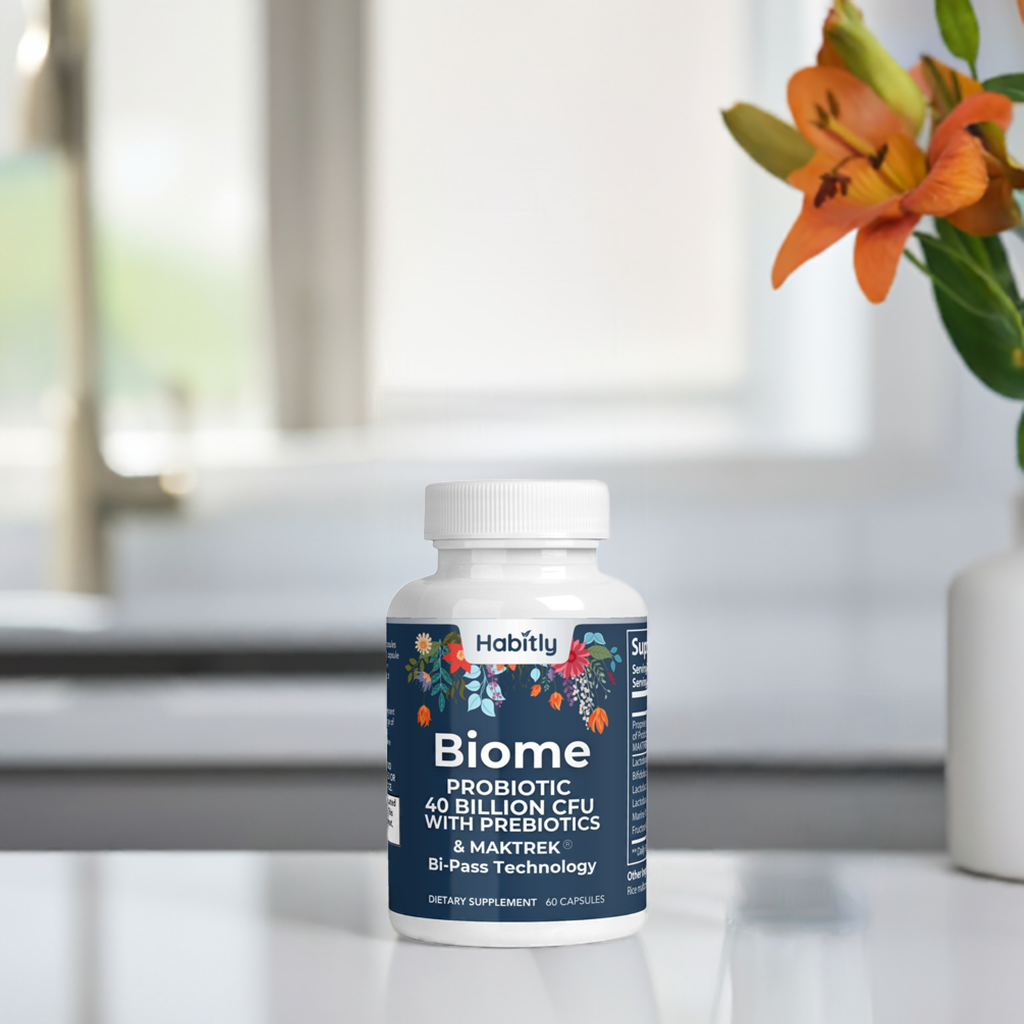 A bottle of Habitly Biome Probiotic 40 Billion CFU with MAKTrek sits on a white surface, showcasing its dark blue label adorned with floral designs. A bright orange flower in a small vase provides a vibrant backdrop to this premium dietary supplement.