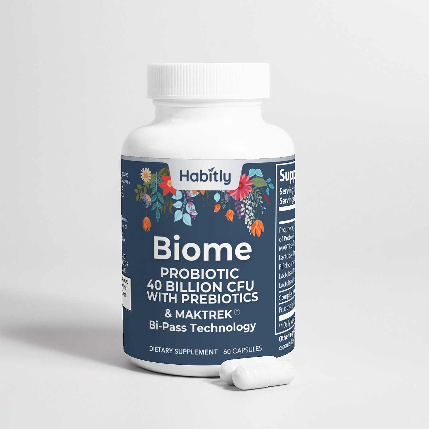 A bottle labeled &quot;Biome Probiotic 40 Billion CFU with MAKTrek&quot; from Habitly, a dietary supplement that includes 60 probiotic capsules with MAKTrek® Bi-Pass Technology and prebiotics, is presented in white. A white capsule is positioned in front of the bottle.