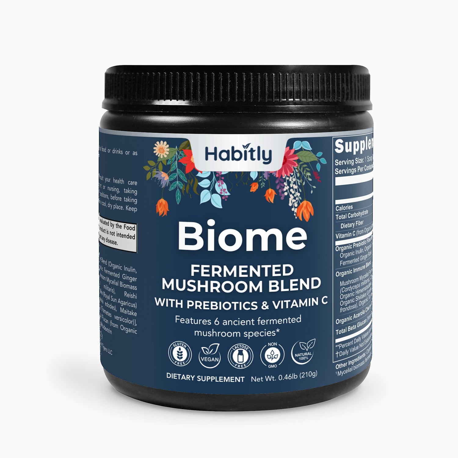 The dark jar labeled &quot;Biome Fermented Mushroom Blend&quot; from Habitly contains an organic mixture that includes prebiotics, probiotics, and vitamin C. The label is adorned with vibrant floral designs and highlights its vegan and dietary attributes. Net weight: 0.46 lb (210g).