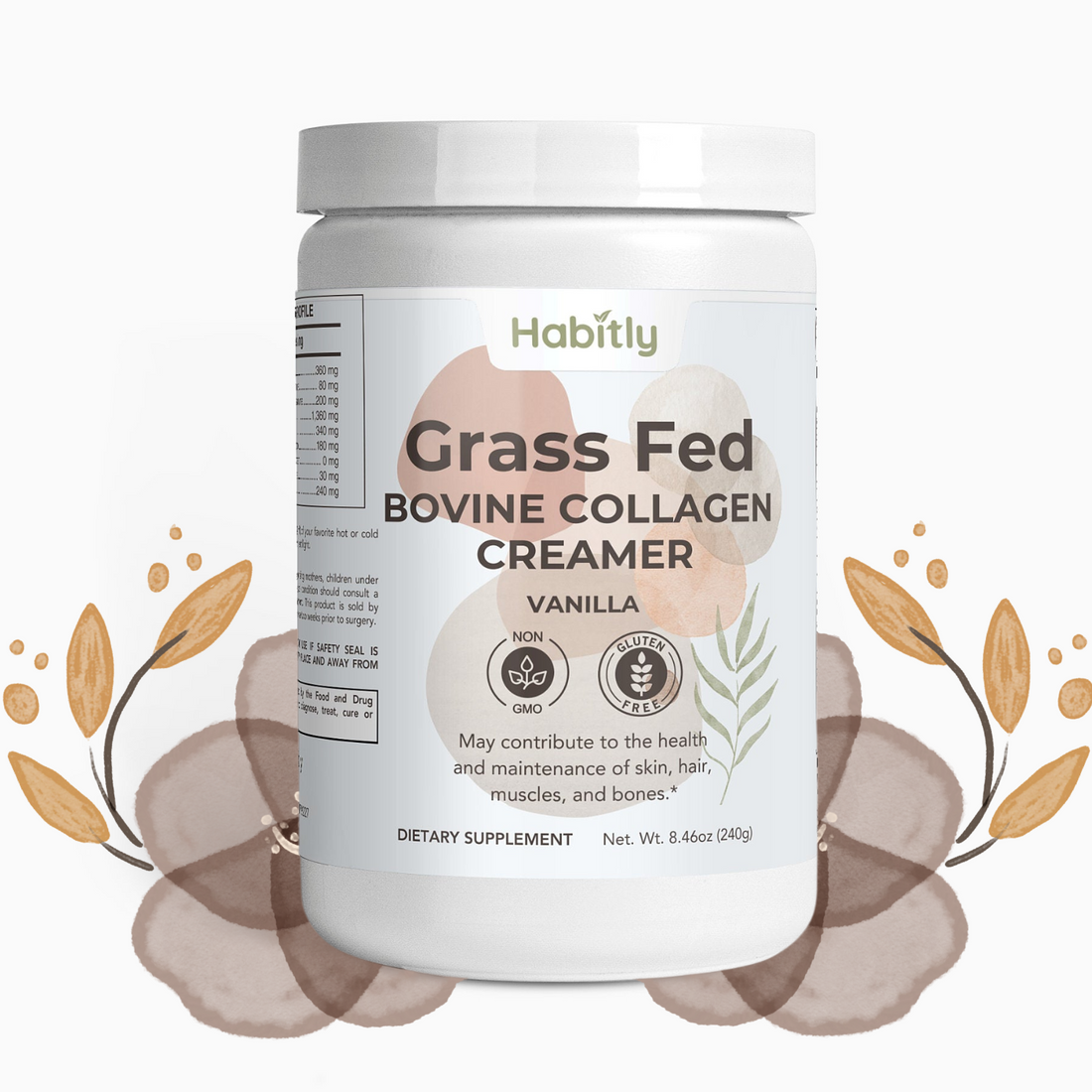 A container of Habitly Grass-Fed Bovine Collagen Creamer in a pleasant vanilla flavor, highlighting benefits for skin, hair, muscles, and bones on the label. The background is adorned with decorative leaves and flowers.