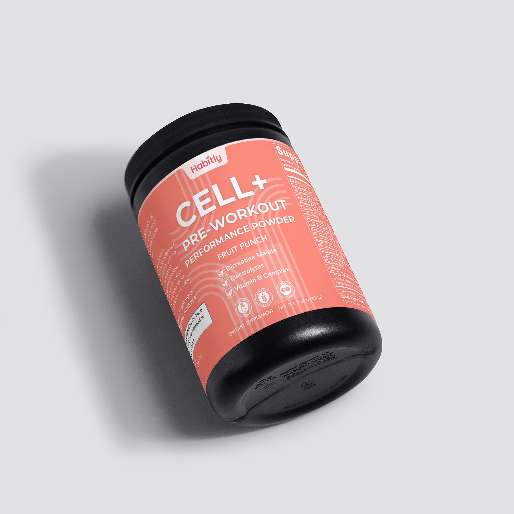 A container of Habitly Cell+ Pre-Workout Performance Powder in Fruit Punch flavor, featuring 23 ingredients designed to support an active lifestyle. The label emphasizes the inclusion of electrolytes and vitamins. The container is tilted against a plain background.