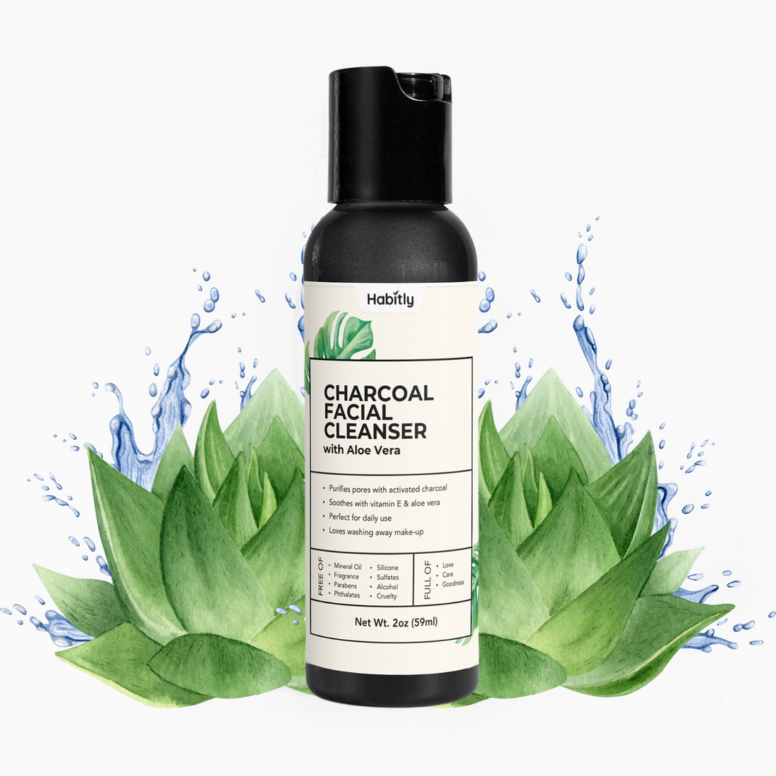 A 2 oz (59 ml) bottle of Habitly Charcoal Facial Cleanser, enriched with natural ingredients such as Aloe Vera, is displayed against a backdrop of aloe leaves and water splashes. The label emphasizes its benefits, which include purifying pores, suitability for daily use, and effectiveness in makeup removal. This cleanser is paraben-free.