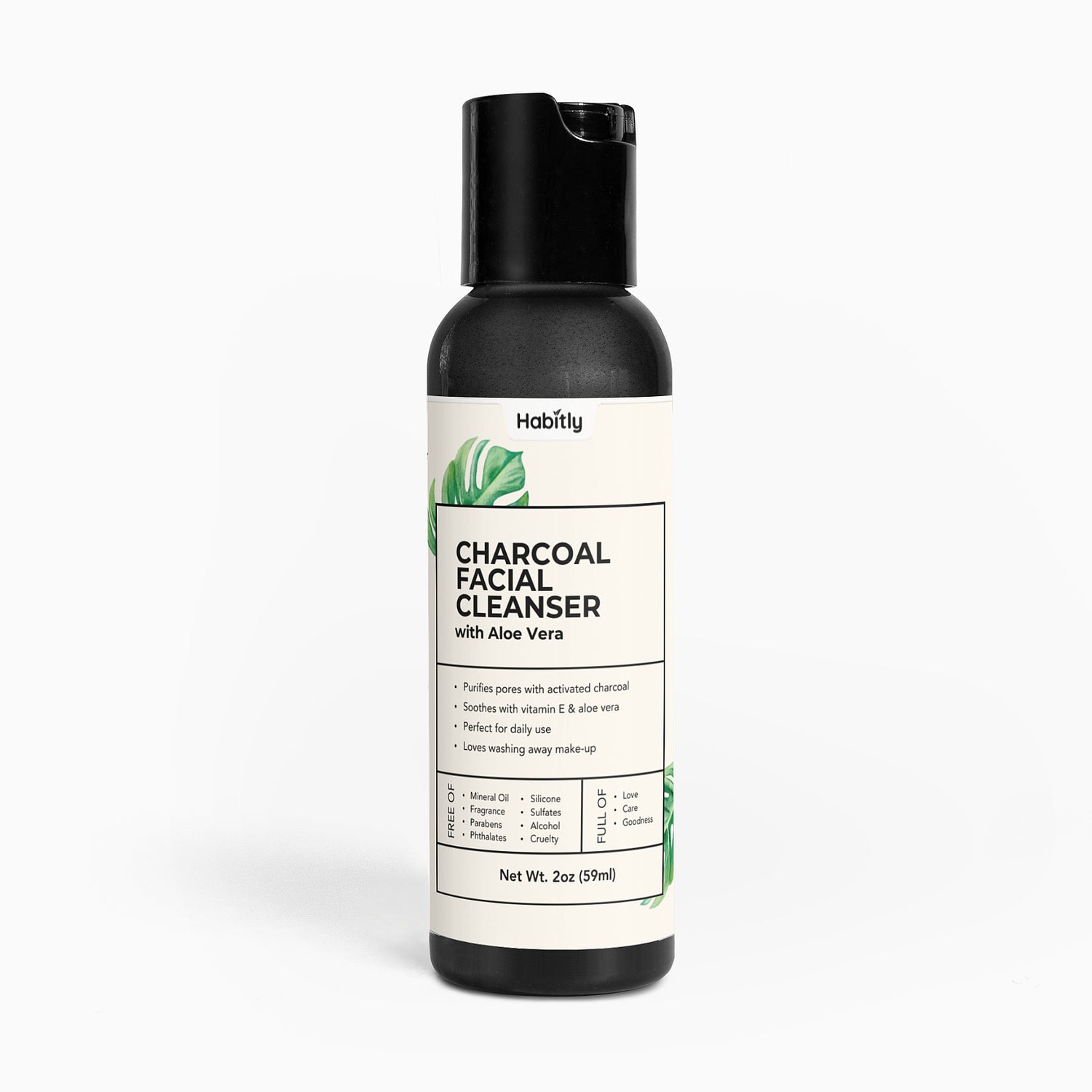 Explore the 2 oz (59 ml) Charcoal Facial Cleanser from Habitly. This cleanser, formulated with natural ingredients and aloe vera, deeply cleanses pores and calms the skin without parabens. Encased in a minimalist design with a white label and black cap, it effectively removes makeup for a rejuvenated feeling.