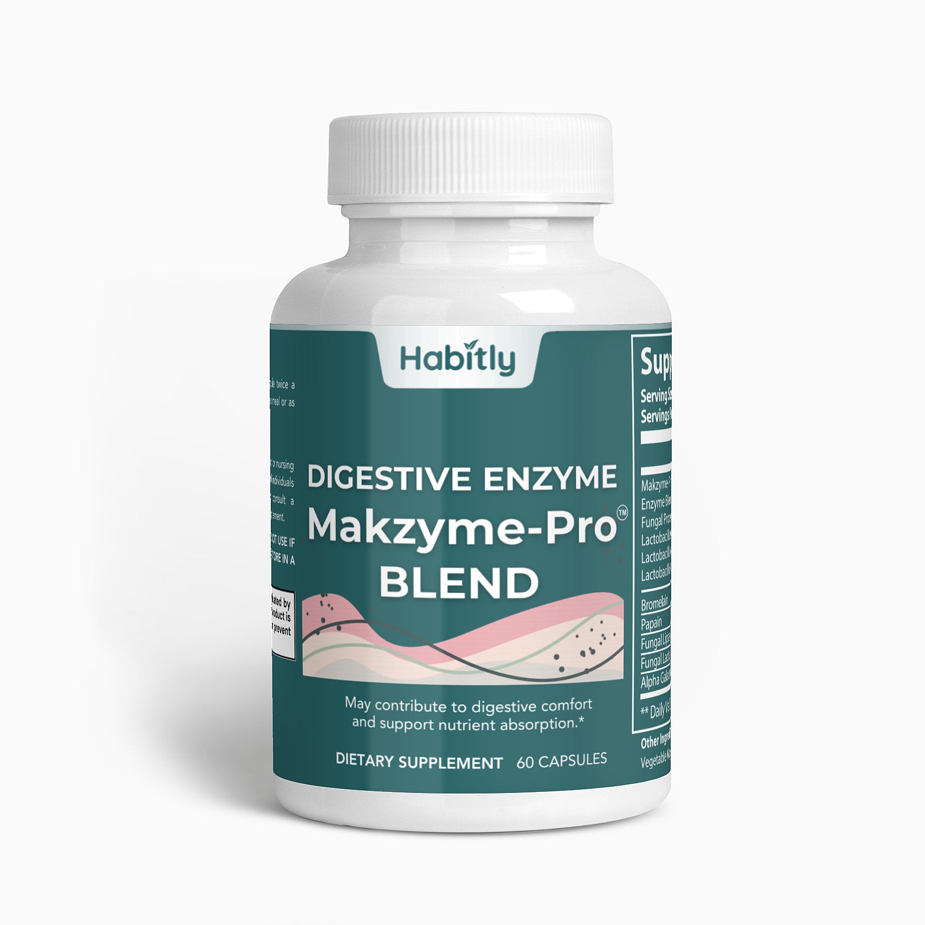 A white bottle branded &quot;Habitly&quot; presents the dietary supplement &quot;Digestive Enzymes Pro Blend with Makzyme-Pro.&quot; It offers digestive comfort and improved nutrient absorption, containing 60 capsules. The light gray background highlights its premium formulation of Digestive Enzymes.