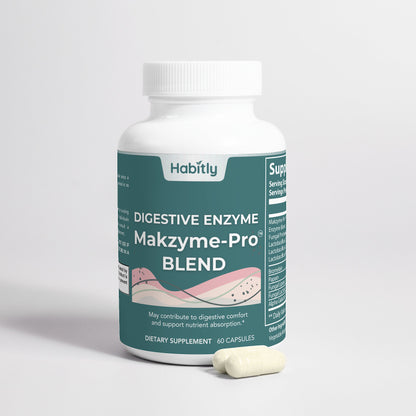 A white bottle labeled &quot;Digestive Enzymes Pro Blend with Makzyme-Pro&quot; by Habitly, a dietary supplement, stands against a light background. It contains 60 capsules, with two capsules resting beside it. The label emphasizes digestive health benefits from the blend of digestive enzymes.