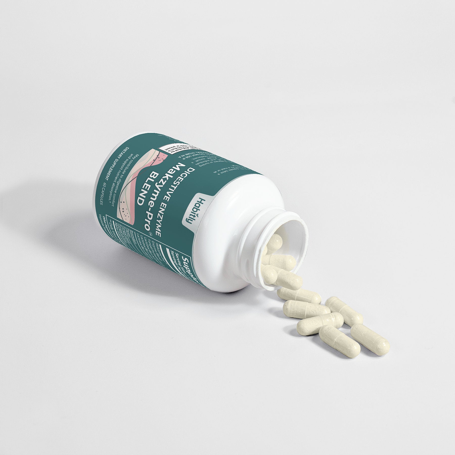 A bottle of white capsules spills onto a white surface, showcasing a green label that reads &quot;Digestive Enzymes Pro Blend with Makzyme-Pro&quot; and &quot;Habitly.&quot; This dietary supplement enriches your regimen with essential digestive enzymes.