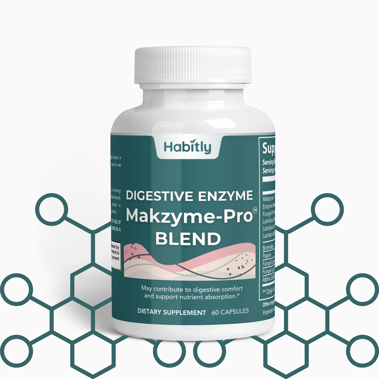 A bottle labeled &quot;Digestive Enzymes Pro Blend with Makzyme-Pro&quot; by Habitly, featuring a molecular structure illustration in the background. This dietary supplement is crafted to enhance digestive comfort and nutrient absorption, containing 60 capsules to promote wellness.