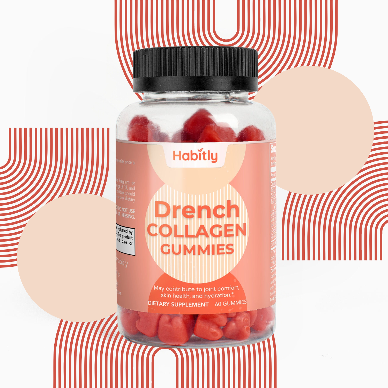 Displayed is a bottle of Habitly Drench Collagen Gummies, a nourishing dietary supplement featuring red gummies. The bottle sports a pink label, while abstract red and white line patterns in the background enhance the vibrancy of these Vitamin C-infused treats.