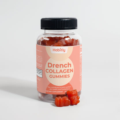 A clear plastic bottle with a black cap is filled with red gummy bears and labeled &quot;Habitly Drench Collagen Gummies,&quot; a dietary supplement. The open jar displays a few gummies in front of it. The label highlights benefits for joint comfort, skin health, and hydration, enhanced by Vitamin C.