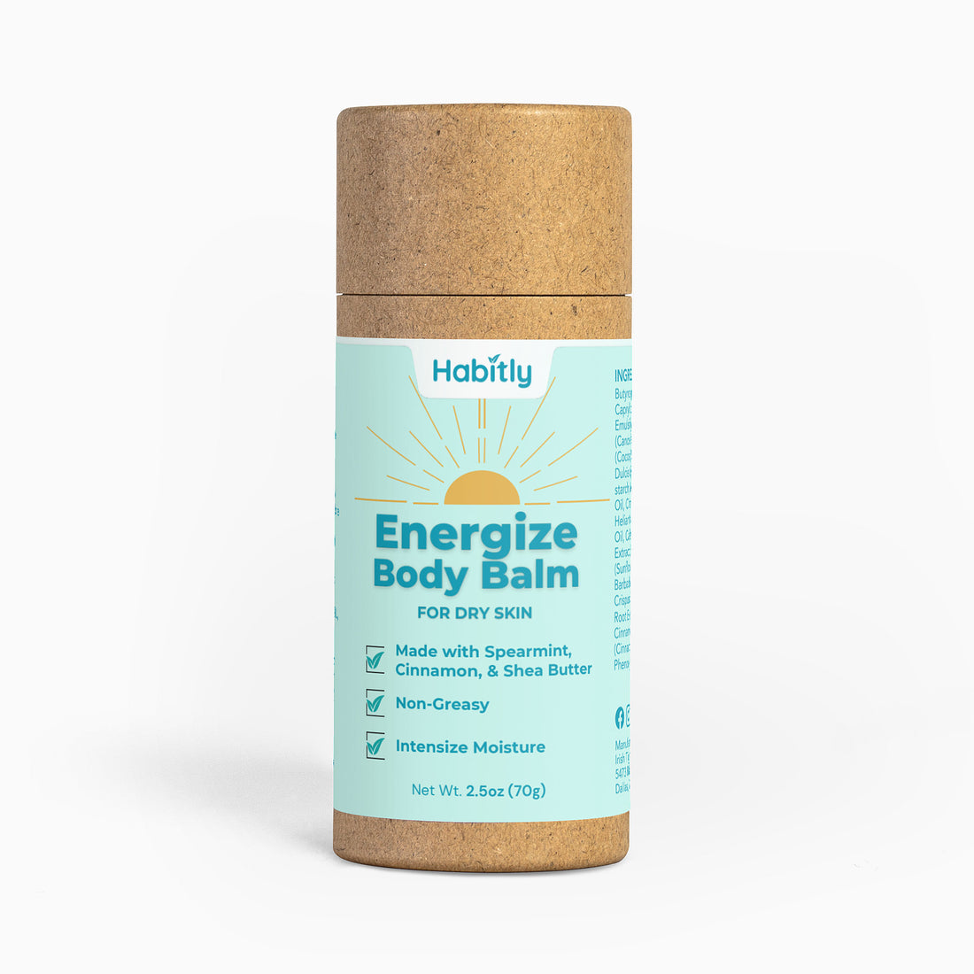 The &quot;Energize Body Balm&quot; by Habitly comes in a cylindrical tube designed for dry skin, combining spearmint, cinnamon, and shea butter. Its eco-friendly packaging emphasizes a non-greasy formula and deep moisturizing properties. Net weight: 2.5 oz (70g).