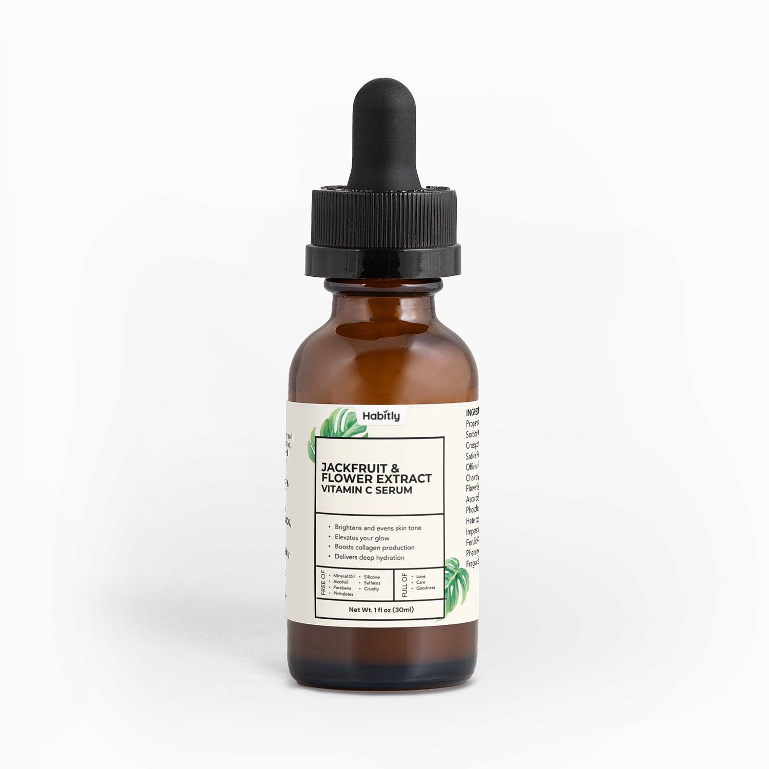 A brown glass bottle with a dropper lid, featuring the label &quot;Habitly Jackfruit &amp; Flower Extract Vitamin C Serum,&quot; is set against a plain white background. Promising antioxidant protection and focusing on dark spots, the label outlines the ingredients and showcases a delicate green leaf design.