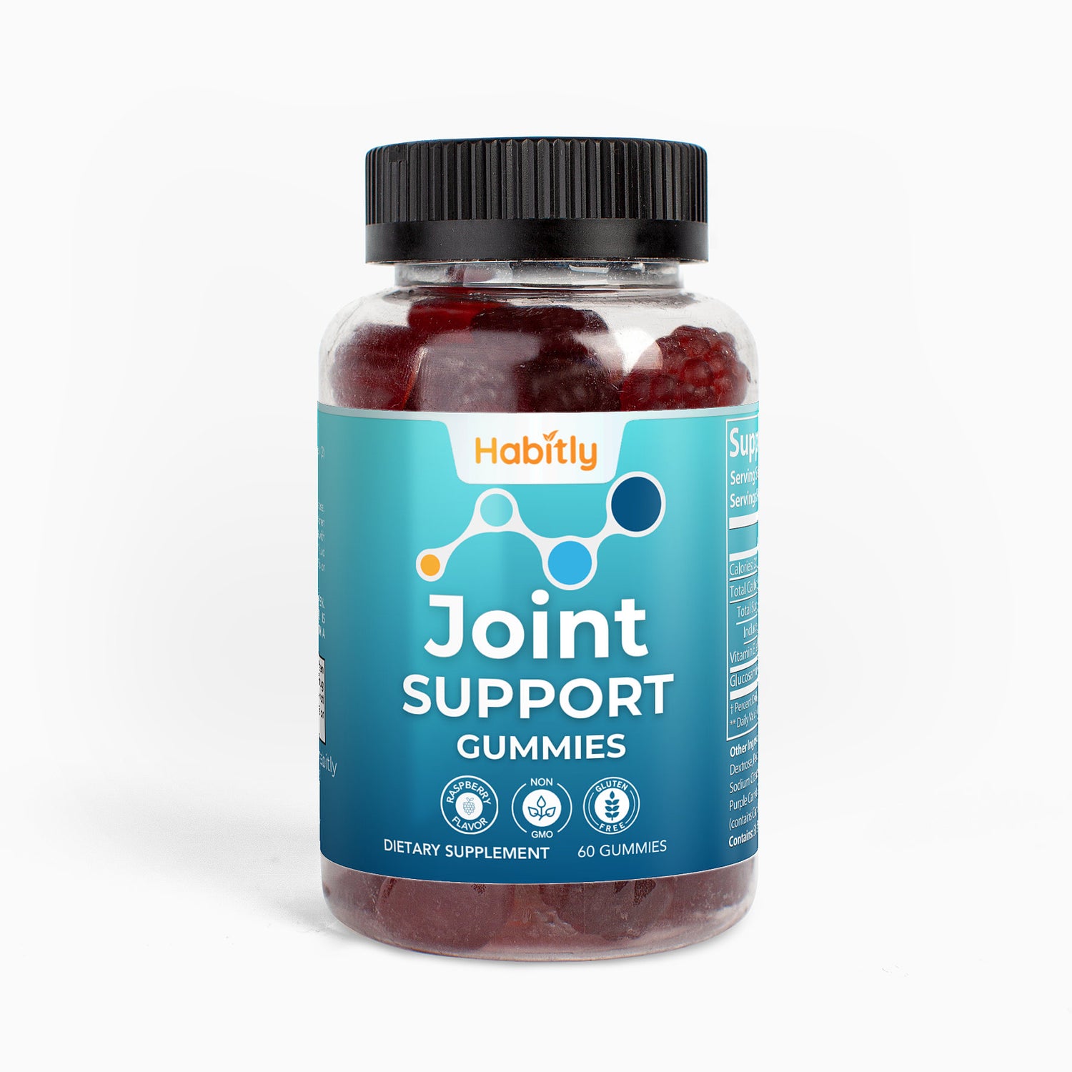 A transparent bottle of red gummy supplements with a blue label displaying &quot;Habitly Joint Support Gummies&quot; features icons and text emphasizing joint health benefits, including glucosamine. This dietary supplement contains 60 gummies and is sealed with a black lid.