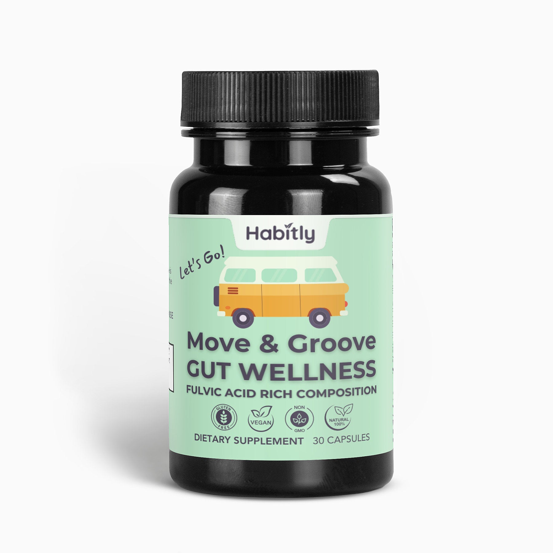 A bottle of &quot;Move &amp; Groove Natural Gut Wellness Capsules&quot; by Habitly, featuring a green label with a yellow van illustration. This vegan, sugar-free, GMO-free formula includes 30 capsules infused with Birch Chaga and fulvic acids to promote gut health.