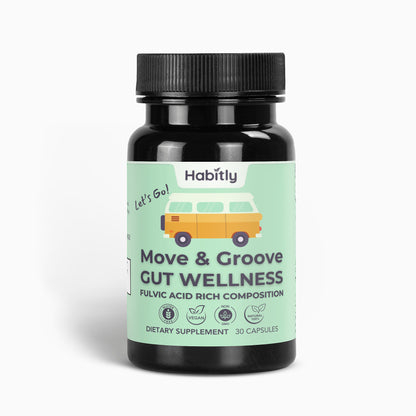 A bottle of &quot;Move &amp; Groove Natural Gut Wellness Capsules&quot; by Habitly, featuring a green label with a yellow van illustration. This vegan, sugar-free, GMO-free formula includes 30 capsules infused with Birch Chaga and fulvic acids to promote gut health.