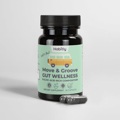 A green and black supplement bottle labeled &quot;Move &amp; Groove Natural Gut Wellness Capsules&quot; by Habitly, featuring a retro van illustration. The label emphasizes its &quot;fulvic acid rich composition,&quot; enhanced with Birch Chaga, and includes vegan and gluten-free symbols. The bottle contains 30 capsules designed to support your gut journey.