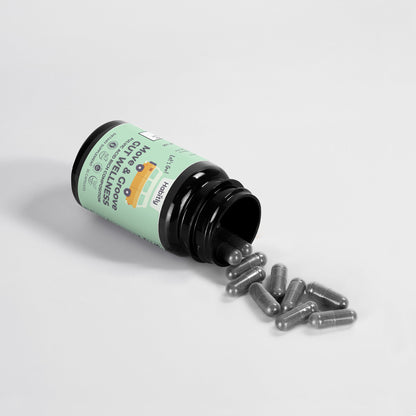 A black bottle labeled &quot;Move &amp; Groove Natural Gut Wellness Capsules&quot; from Habitly is lying on its side, spilling out several gray capsules onto a white surface. The label features decorative graphics and text in soft pastel green, hinting at the natural power of Birch Chaga within.