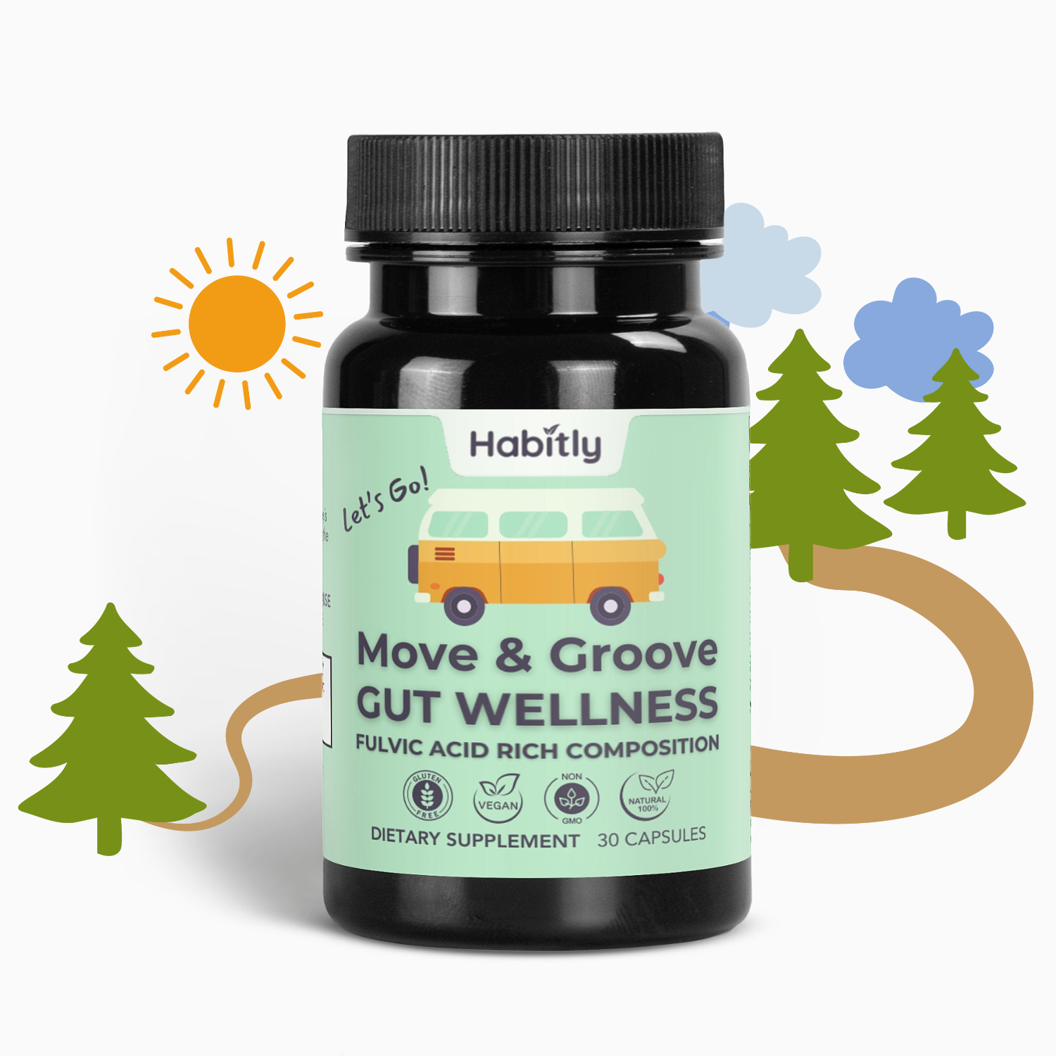 A bottle of &quot;Move &amp; Groove Natural Gut Wellness Capsules&quot; by Habitly showcases a label with graphics of a van, sun, and trees, embodying its playful nature-themed design. This dietary supplement highlights vegan and non-GMO benefits and is enriched with fulvic acids. It contains 30 capsules aimed at promoting gut health.