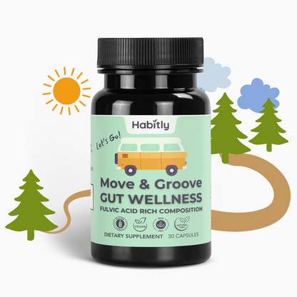 A bottle of &quot;Move &amp; Groove Natural Gut Wellness Capsules&quot; by Habitly showcases a label with graphics of a van, sun, and trees, embodying its playful nature-themed design. This dietary supplement highlights vegan and non-GMO benefits and is enriched with fulvic acids. It contains 30 capsules aimed at promoting gut health.