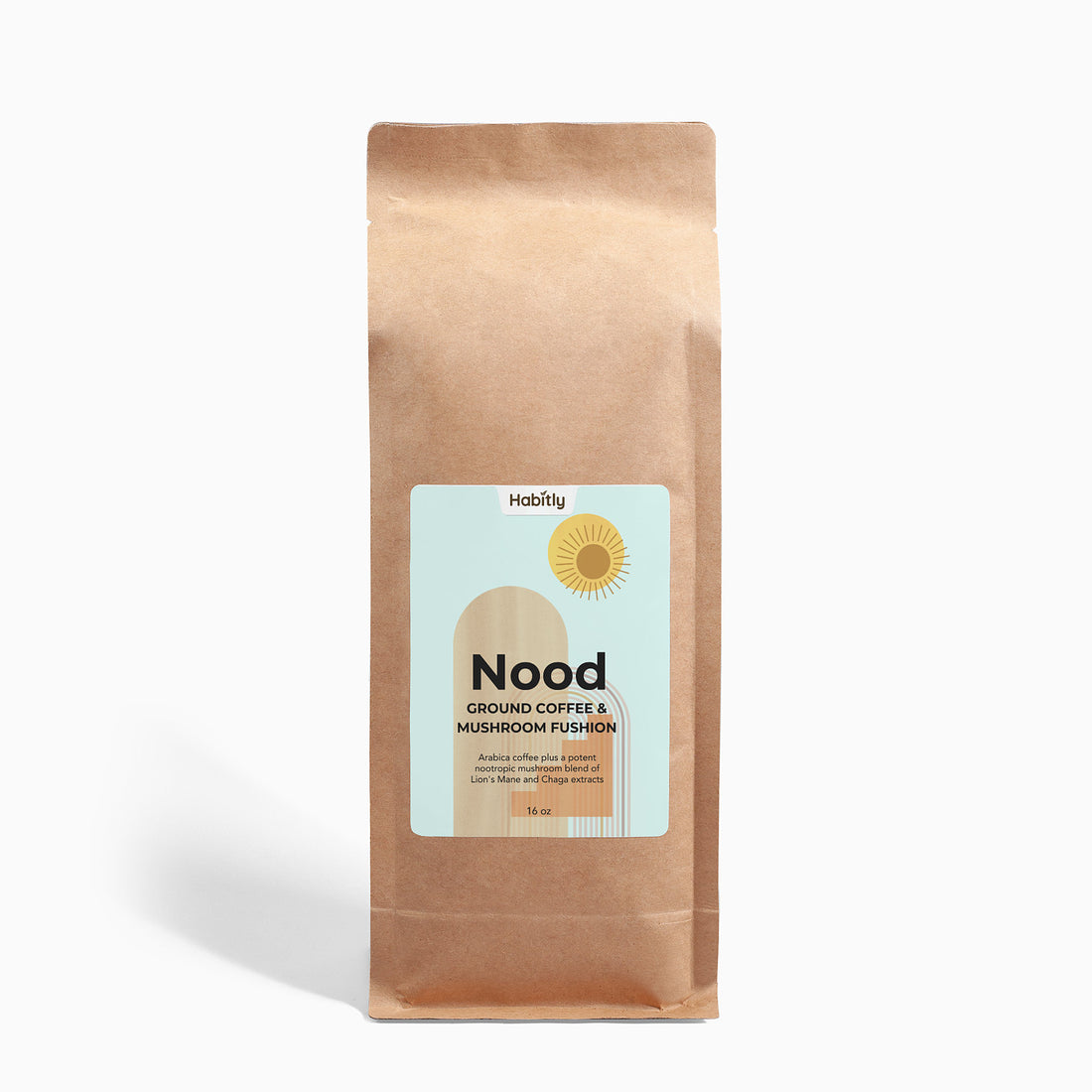 A brown paper bag of Habitly brand Nood Ground Coffee &amp; Mushroom Fusion is shown. The label, highlighting its nootropic benefits, features a sun design, and the package holds 340 grams (12 oz) of coffee infused with Chaga and Lion&