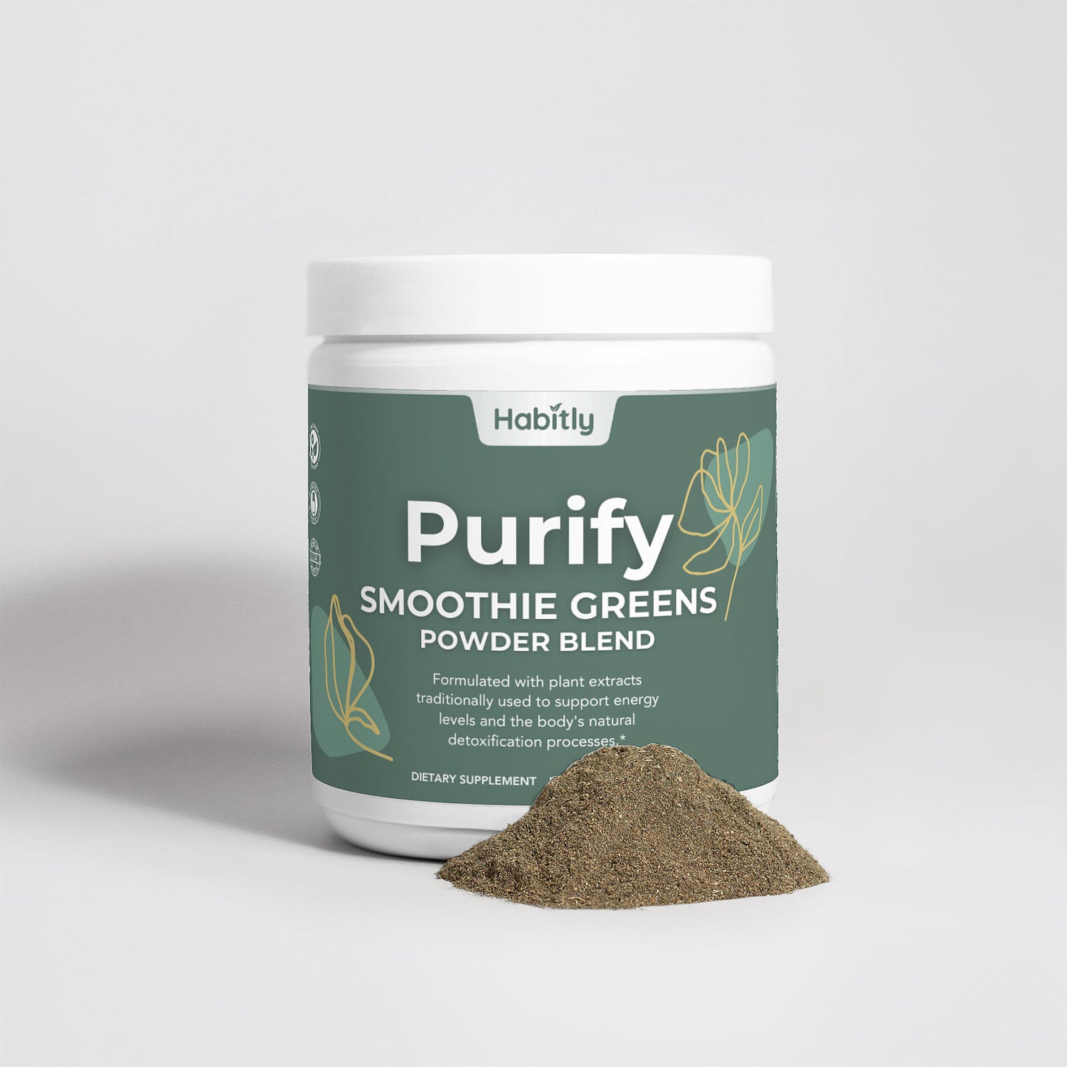 A white container labeled &quot;Purify Smoothie Greens Powder&quot; by Habitly features a green label with plant graphics. In front of the superfoods blend, there is a small pile of organic greens powder on display.