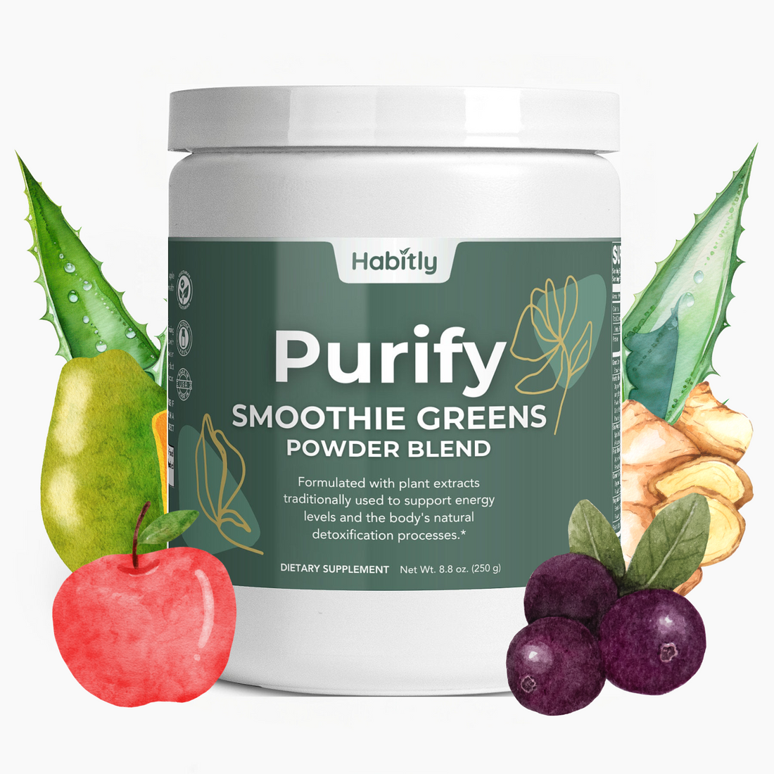 The Habitly Purify Smoothie Greens Powder features a container adorned with illustrations of aloe, ginger, apple, and berries on a white backdrop. The label emphasizes its function as an organic greens powder designed to boost energy levels and aid in detoxification through a powerful superfoods blend.