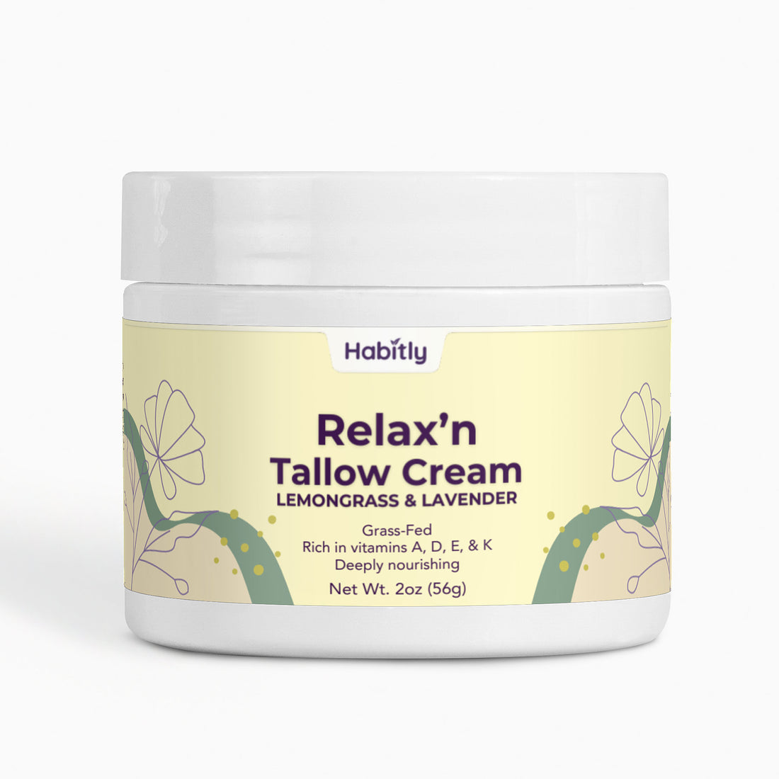 A 2 oz (56g) white jar featuring a yellow label showcases &quot;Relax&