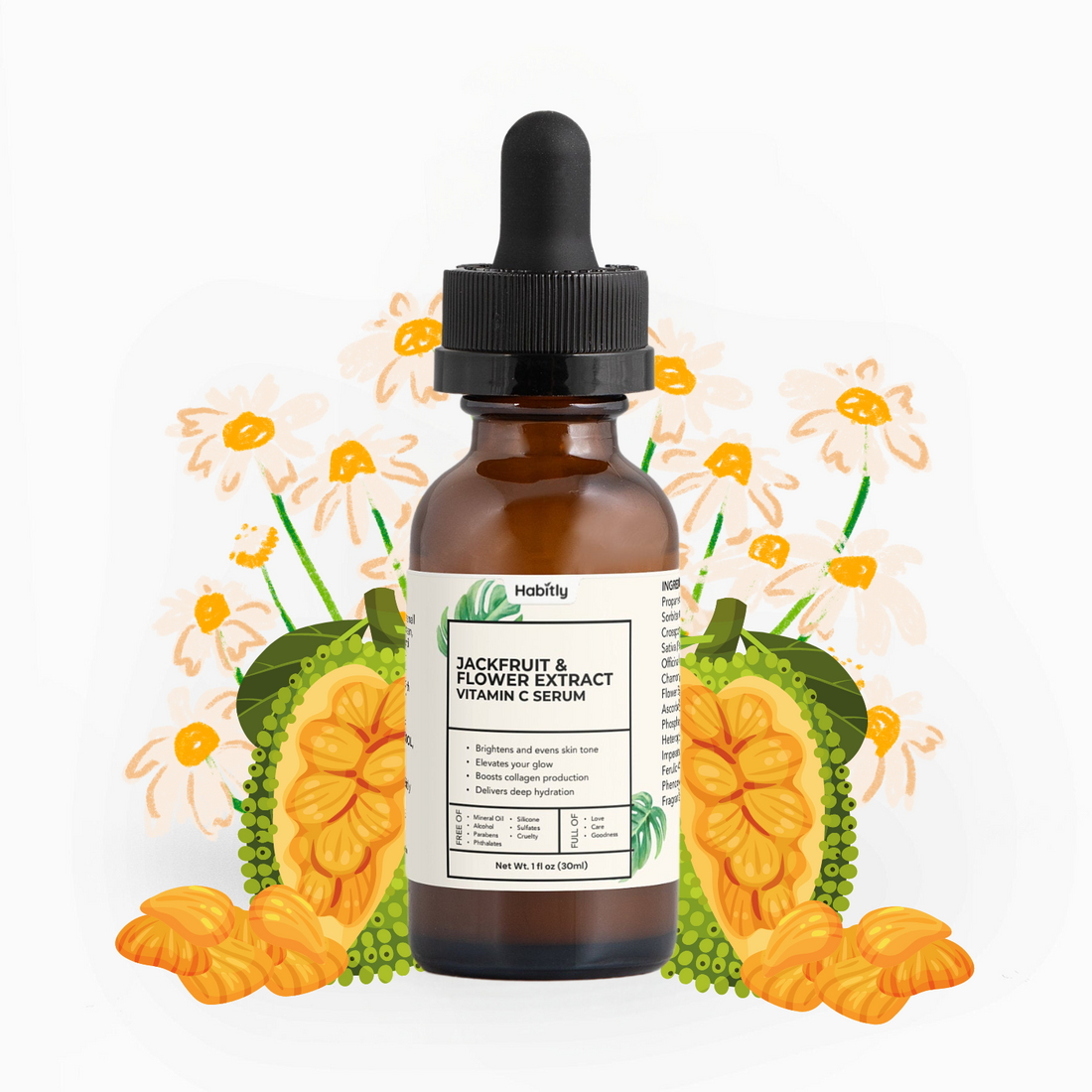 A brown dropper bottle from Habitly, labeled &quot;Jackfruit &amp; Flower Extract Vitamin C Serum,&quot; which is known for reducing dark spots and providing antioxidant protection, features a black cap and is set against a vibrant illustration of jackfruits and flowers. The background is white.