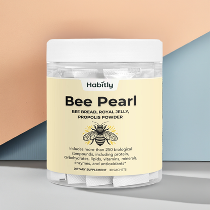 A container labeled &quot;Bee Pearl Concentrated Bee Bread Powder&quot; by Habitly features a mixture of bee bread, royal jelly, and propolis powder. The packaging emphasizes the presence of over 250 biological compounds and is elegantly set against a backdrop of soft pastel geometric shapes, celebrating the marvels of bee-derived nutrition.