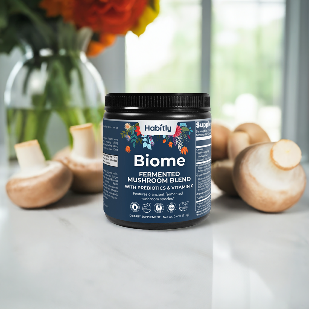 A package of Habitly Biome Fermented Mushroom Blend rests on a marble countertop, encircled by organic mushrooms. Its label in dark blue emphasizes the inclusion of prebiotics and vitamin C. In the backdrop, vibrant orange flowers brighten up the scene as sunlight streaming through a window accentuates its probiotic fermentation advantages.