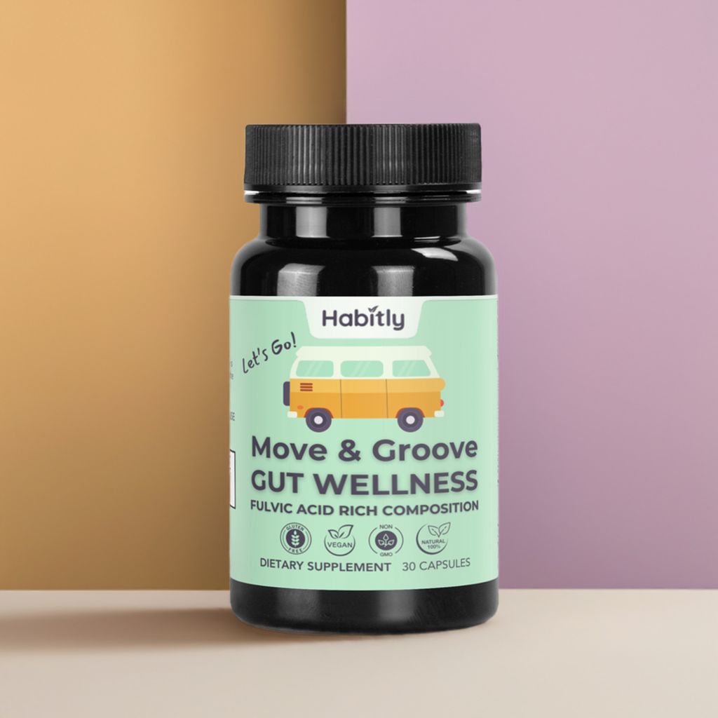 A black bottle labeled &quot;Habitly Move &amp; Groove Natural Gut Wellness Capsules&quot; rests on a surface against a dual-colored backdrop of mustard yellow and mauve. The label, featuring a yellow van graphic, indicates it contains 30 capsules enriched with fulvic acids and Birch Chaga for optimal gut health.